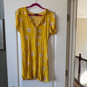 Who What Wear Mustard Yellow Floral Tie-Front Mini Dress